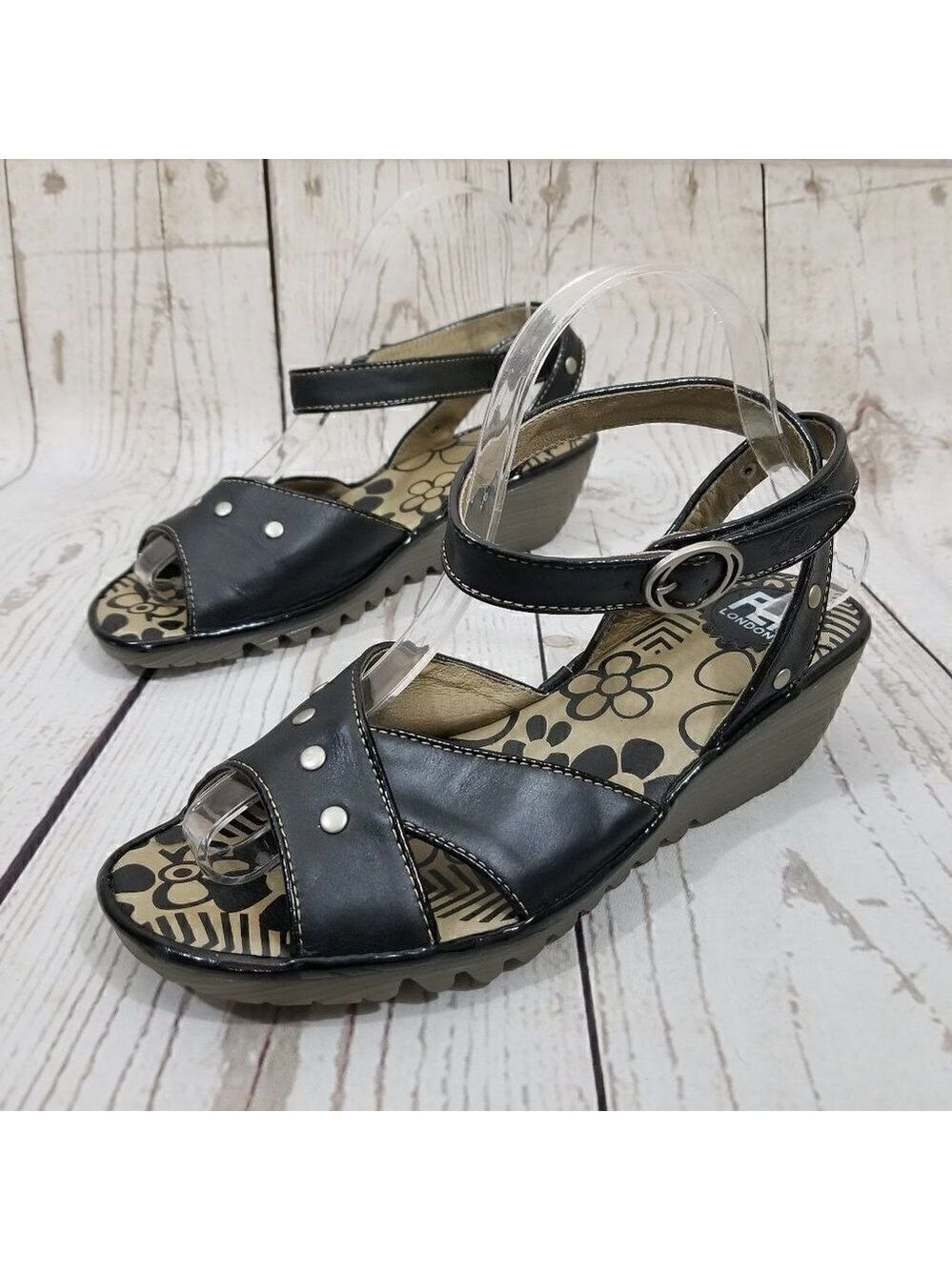 Fly London Oney Size 39 US 8-8.5 Black Leather Studded Ankle Strap Wedge Sandals